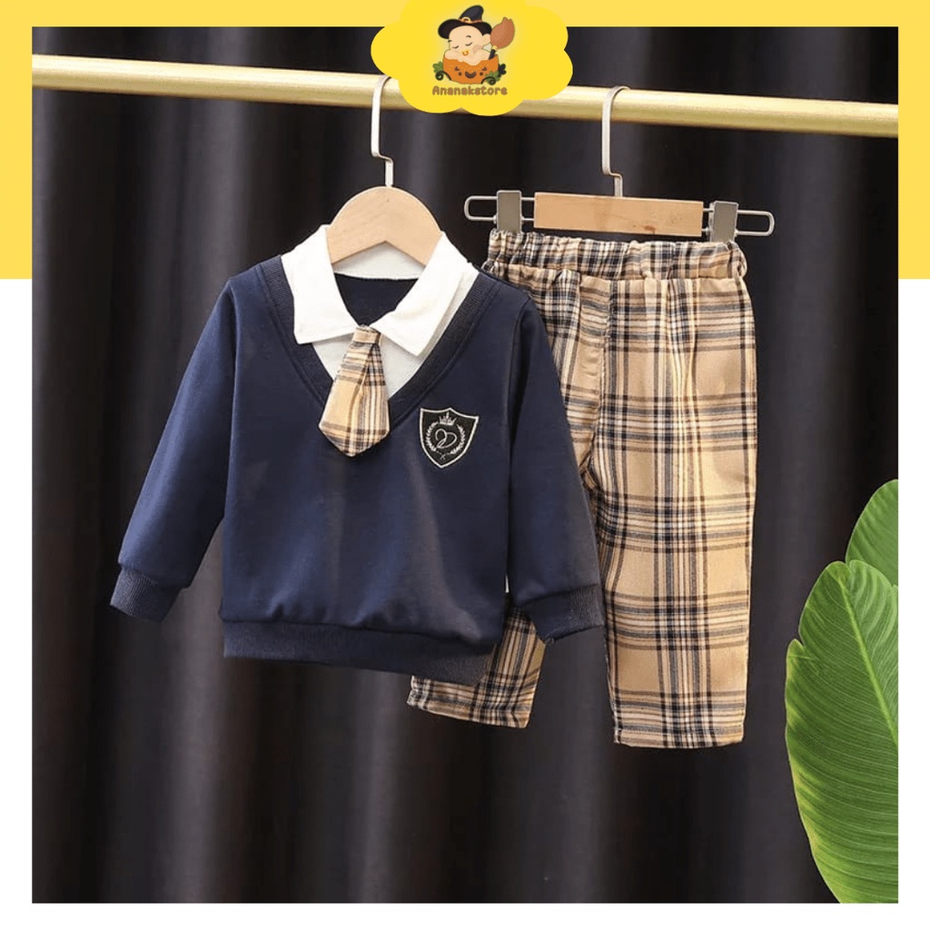 ANANAKSTORE- Setelan baju baby impor korea / 0-5 Tahun baju lucu MOTIF TUXDasi baju baby lucu