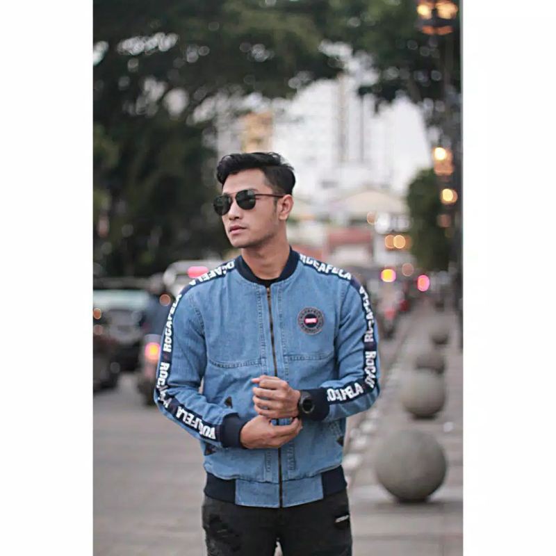 [READY STOCK] JAKET JEANS PRIA / COWOK SENWASH BLUE SANDWASH BOMBER DENIM RCFL / ROCAFELA ORIGINAL