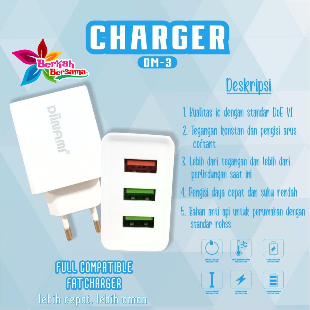 BM101 ADAPTOR BATOK CHARGER DIINAMI DM-3 3USB PORTS QUALCOM android garansi 1tahun BB5397