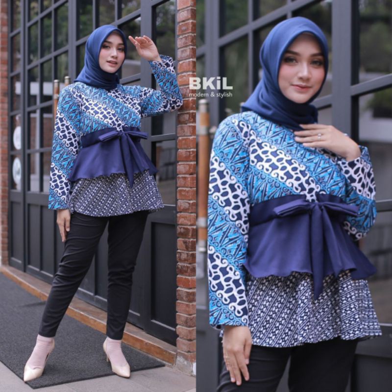 tey-17 Batik wanita ASJ SA HRB026 Kenongo Kemeja Tosca Pendek-Bkil biru