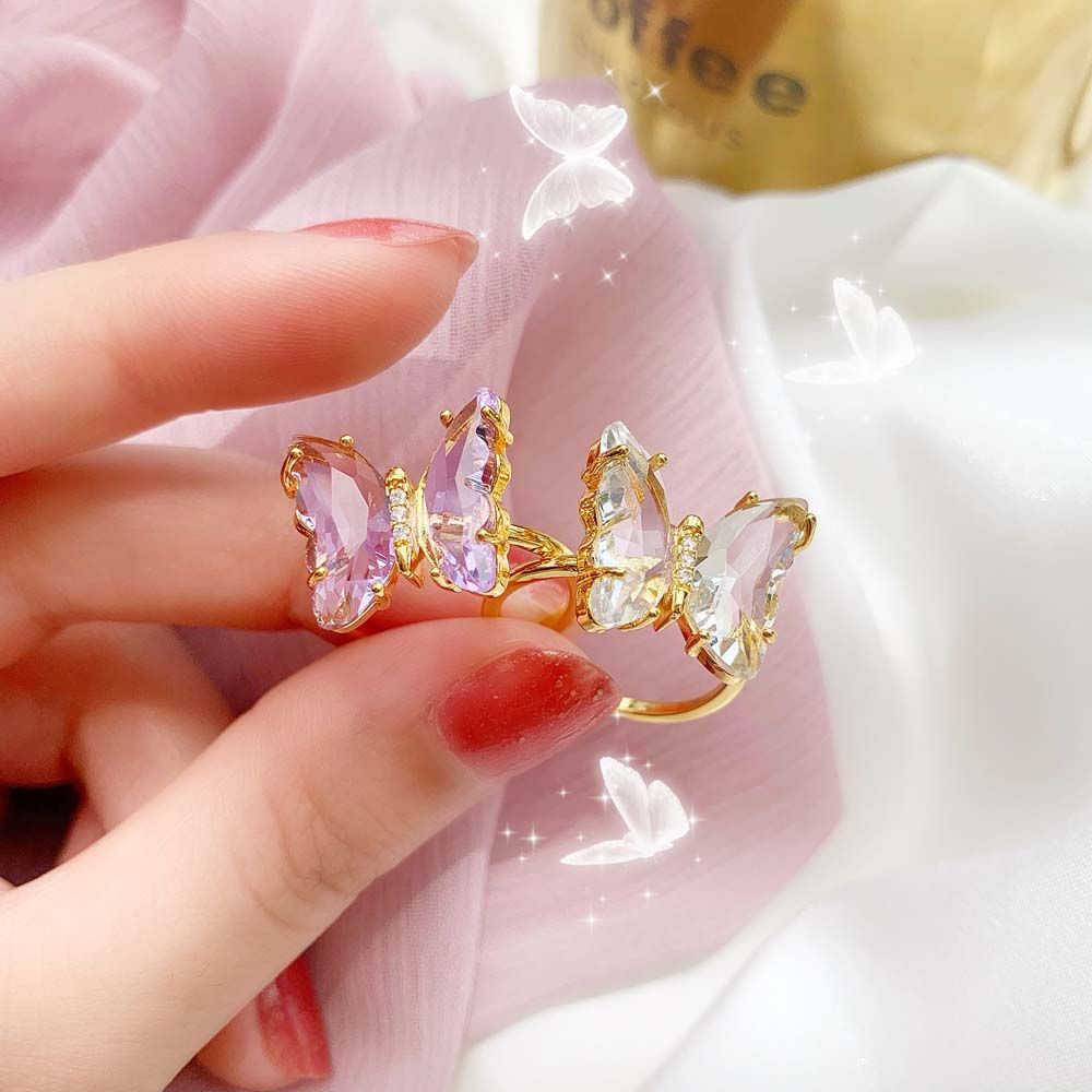 Needway  Temperament Butterfly Open Ring Girls Fashion Jewelry Finger Rings Women Gradient Color Korean Personality Adjustable Crystal/Multicolor