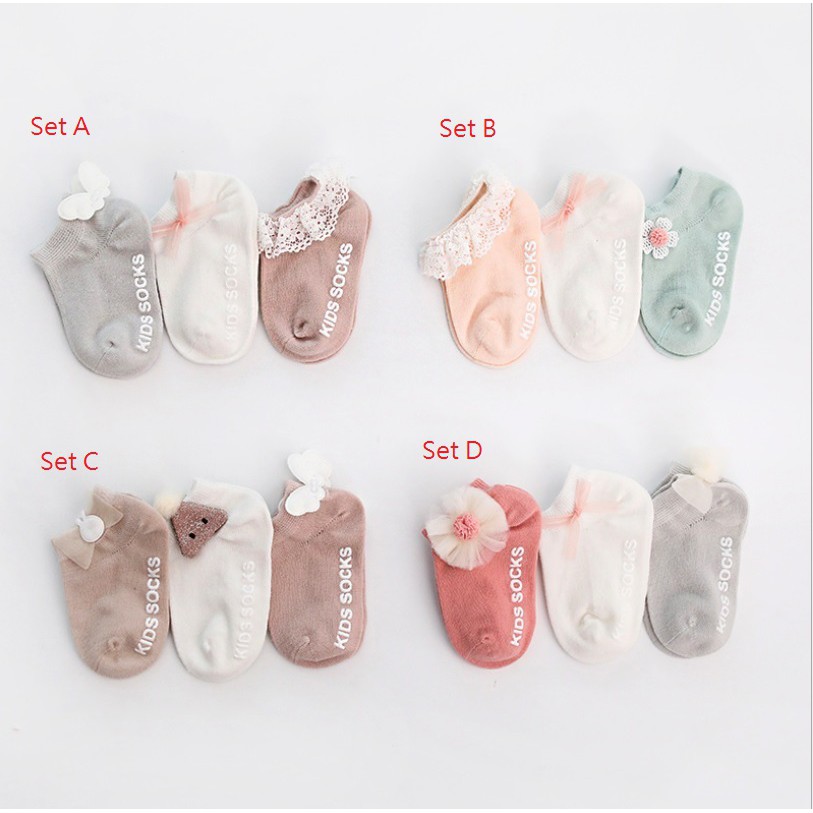 (1 set 3 pasang) Set kaos kaki renda bayi / anak import