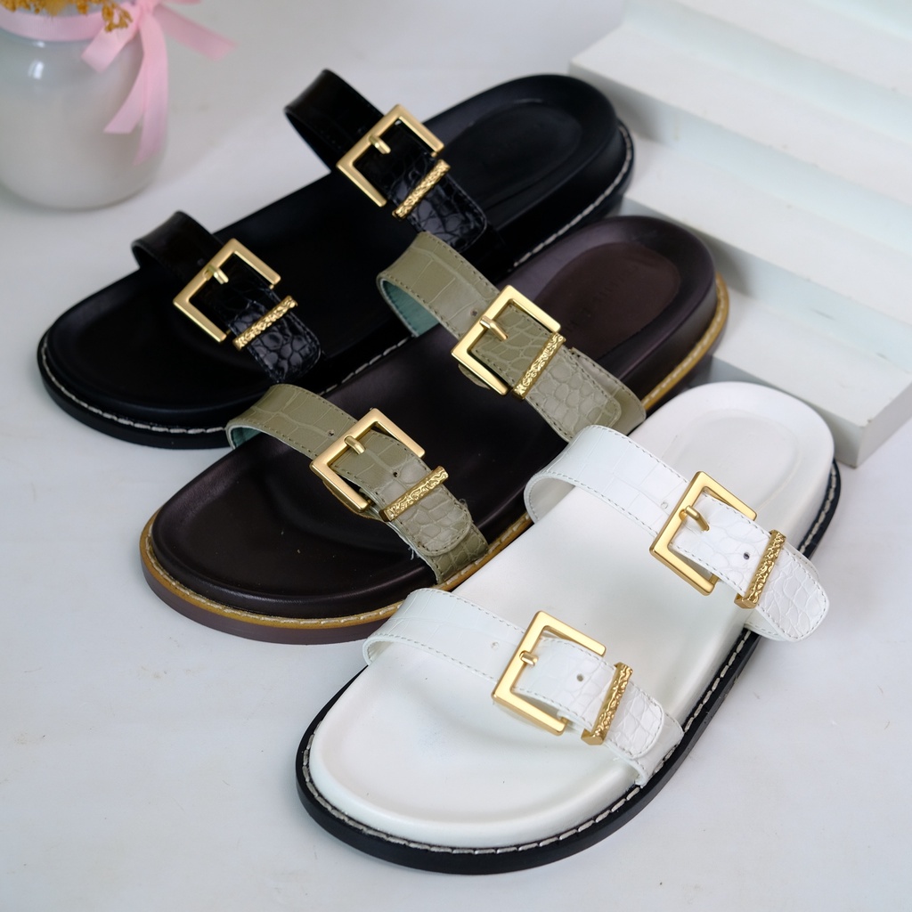 [7.7 Boombastis Sale⚡] - SANDAL WANITA CKS426 CK DOUBLE BUCKLE FLAT SANDAL PREMIUM IMPORT