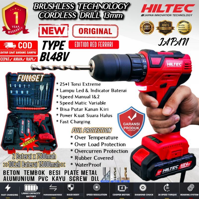 Promo Mesin Bor Cordlesss Brushless 48Vf Hiltec Japan 13mm impact drill beton tembok/ COD