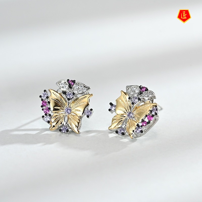 [Ready Stock]18K Gold Two-Color Butterfly Pendant Full Diamond Earrings Set