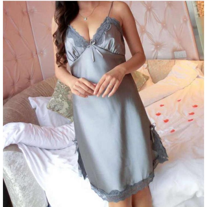 *Alibaba* Set Baju Tidur Wanita Lingerie Sexy Bahan Satin Tanpa Lengan