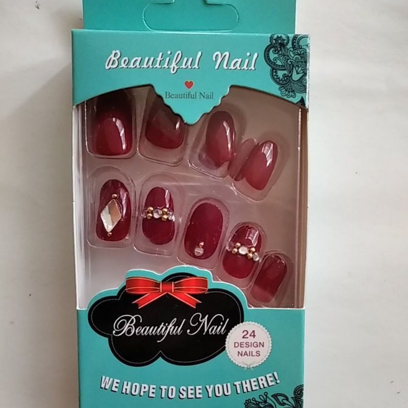 Kuku Palsu Merah Hati dengan permata imitasi untuk pesta/fake nails red isi 24 kuku/kuku palsu Red