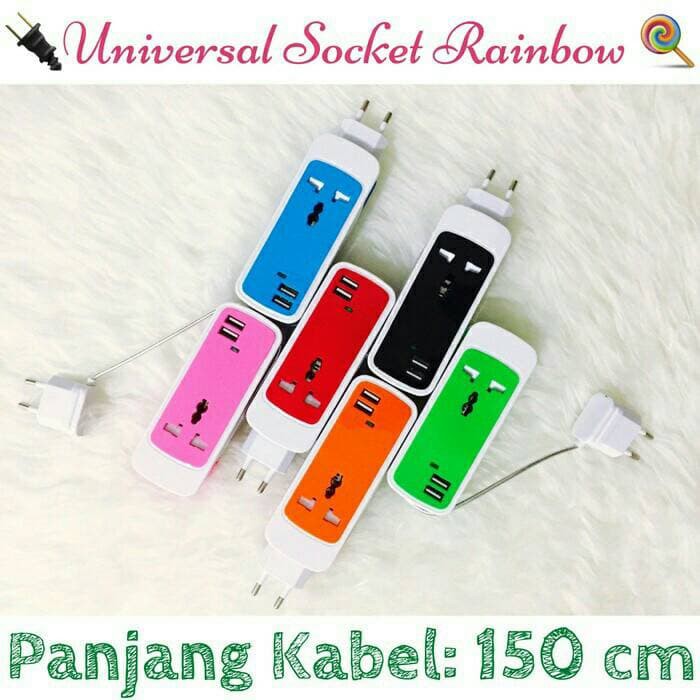 Charger Universal Socket Rainbow / Multi Outlet Panjang 150CM Stop Kontak USB / Adaptor Colokan Listrik Steker