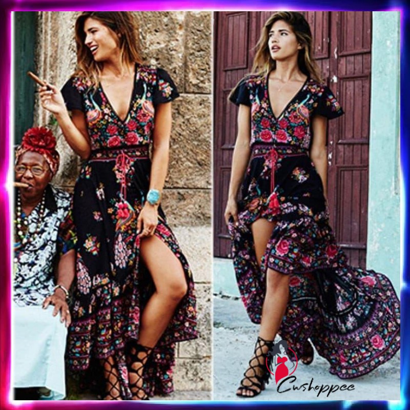 Long Dress Maxi Wanita Model Vintage Gamis Modern dress Vintage Baju Murah Boho Motif Print Bunga