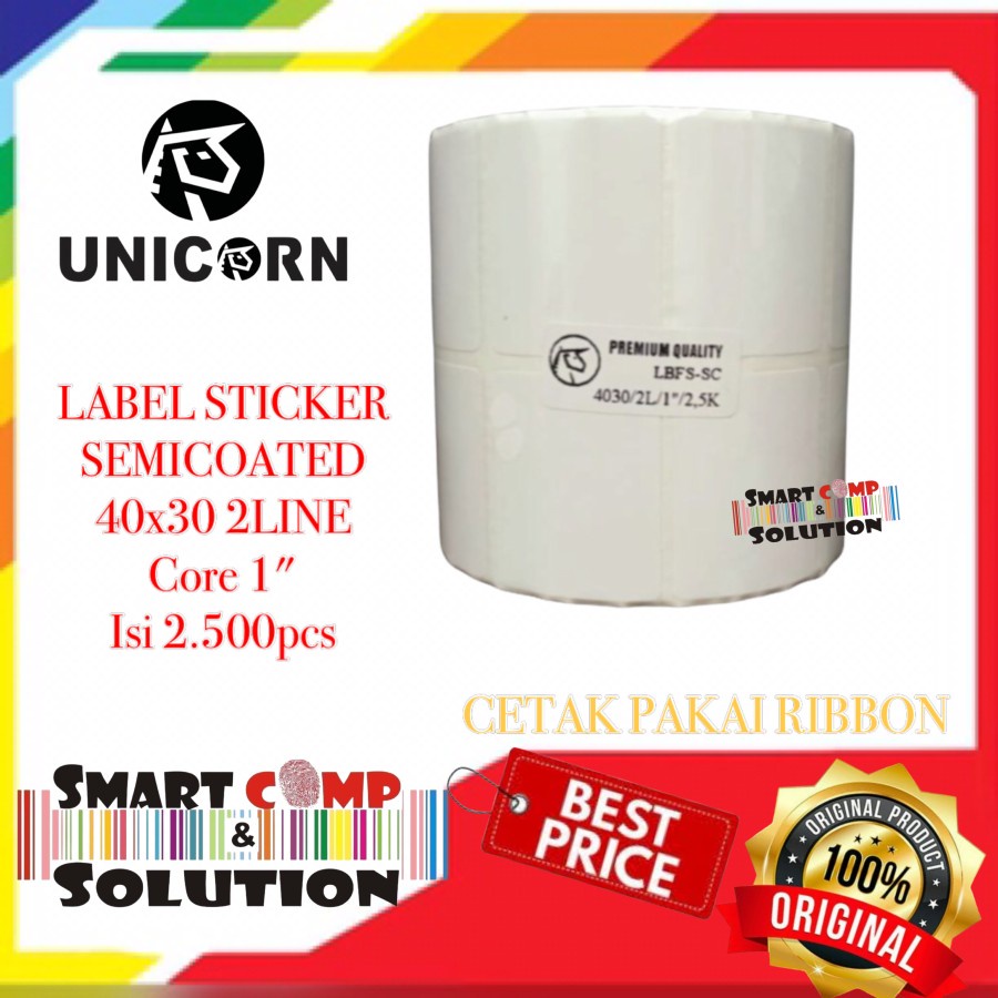 40x30 mm / 40x30mm SEMICOAT 2 LINE 2500PCS CORE 1&quot; LABEL STICKER UNICORN 40 x 30