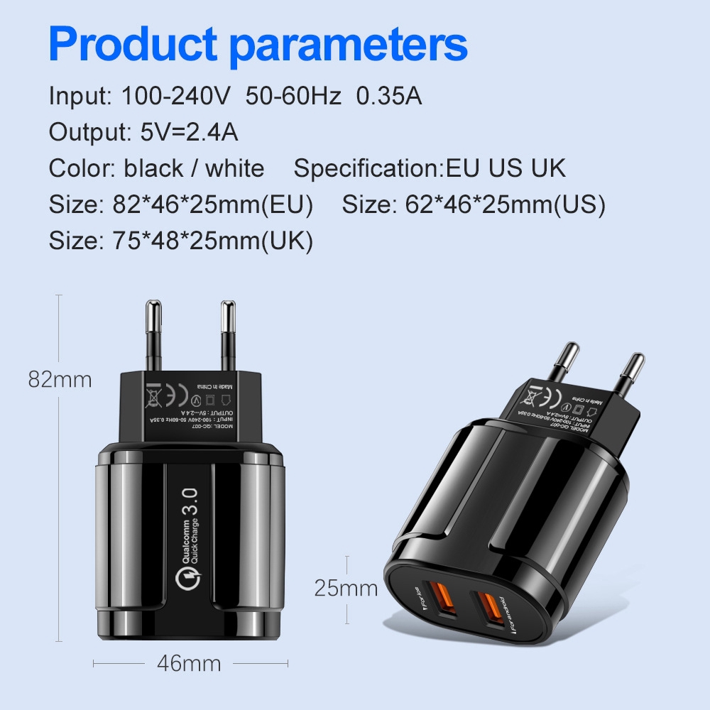 Fast Charger 2 Port QC3.0 EU US Plug Wall USB Adaptor 12V for Smart Phone Adapter Iphone