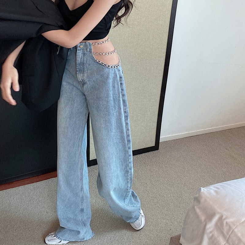 Suhao Net Hong Kong Style Chain High Waist Wide-Legged Jeans Musim Semi dan Musim Panas Straight Slack Slim Fit Pants