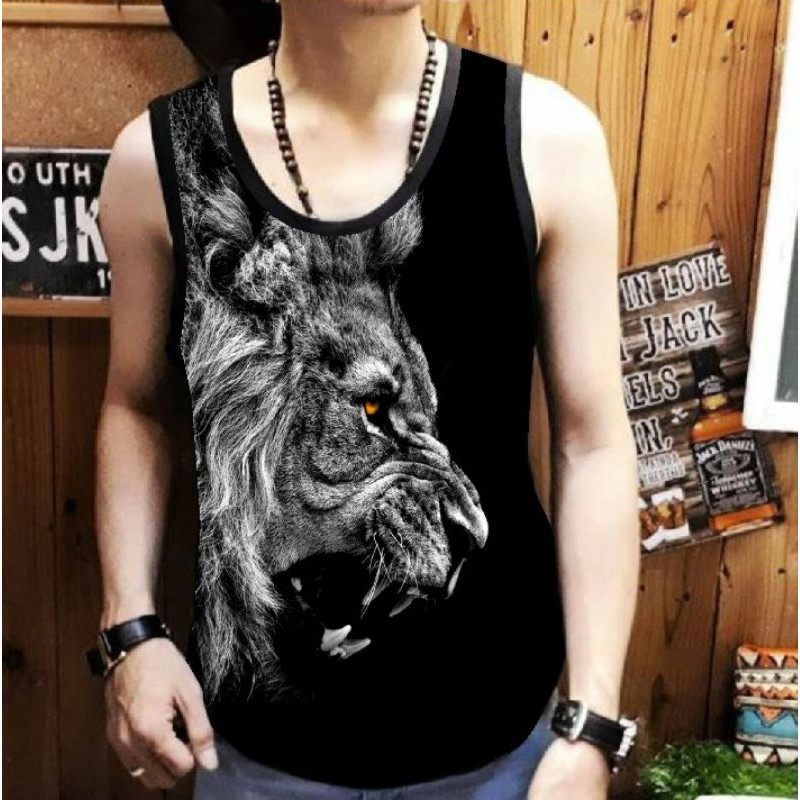 NEL- FASHION SINGLET KAOS DISTRO/T-SHIRT SINGLET KEPALA SINGA HITAM FIT TO L-XL