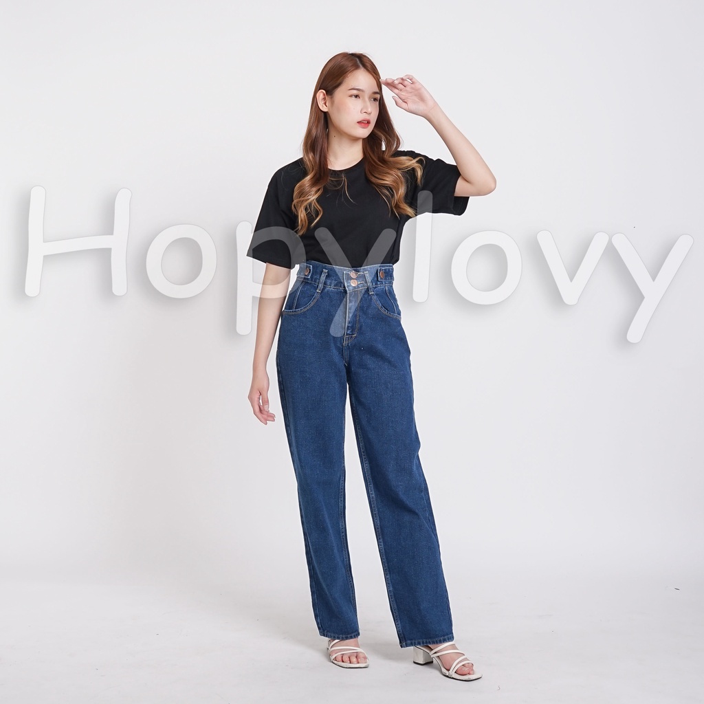 HOPYLOVY Celana High Waist Jeans | Celana Boyfriend Jeans | Celana Panjang Wanita Jeans Boyfriend Double Button BF Harvey