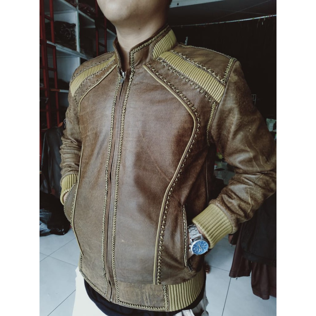 Jual Jaket Kulit Domba Asli Pria Elegant Brownie Model Sulam Warna Wast