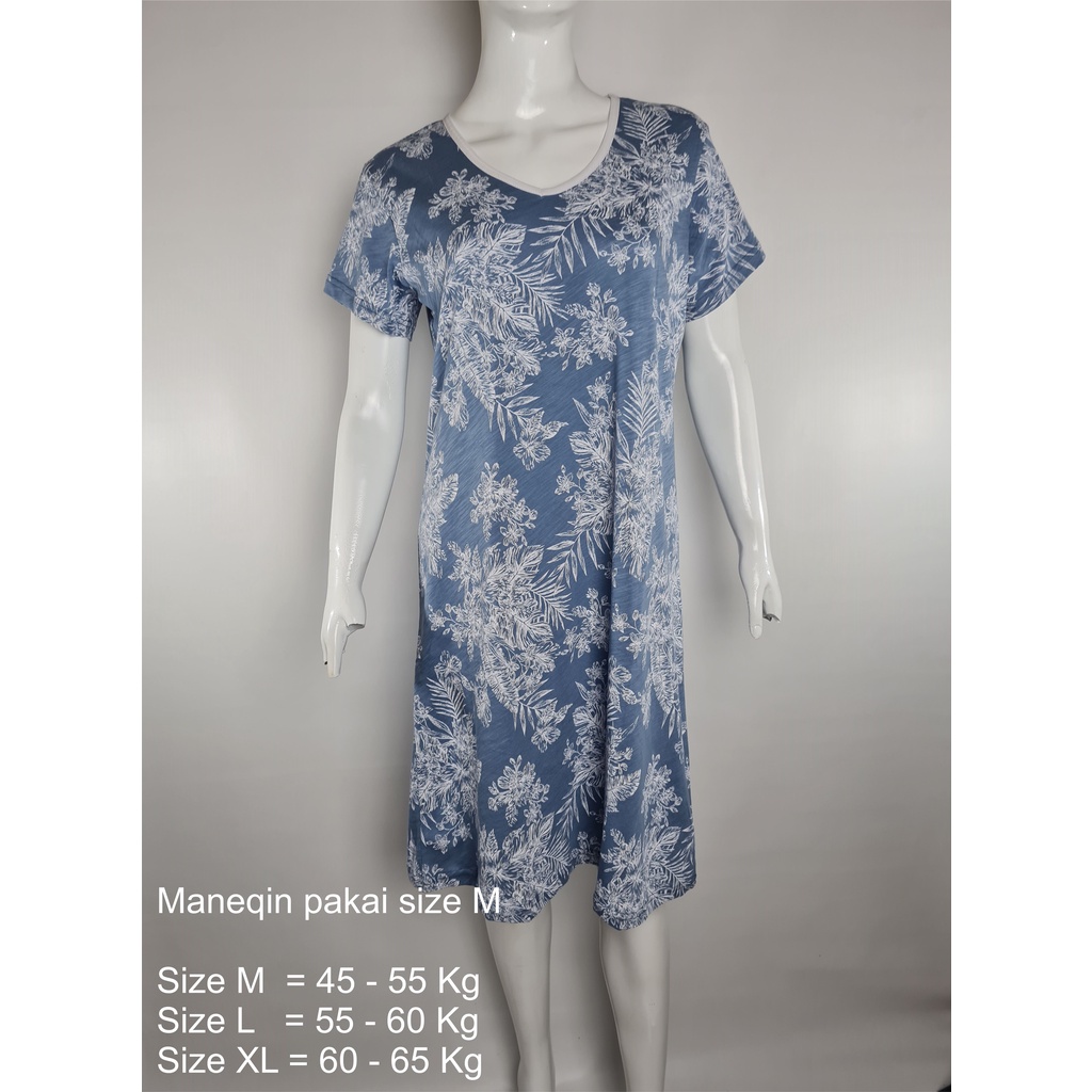 Daster Wanita Dewasa Katun - Biru Motif White Leaf