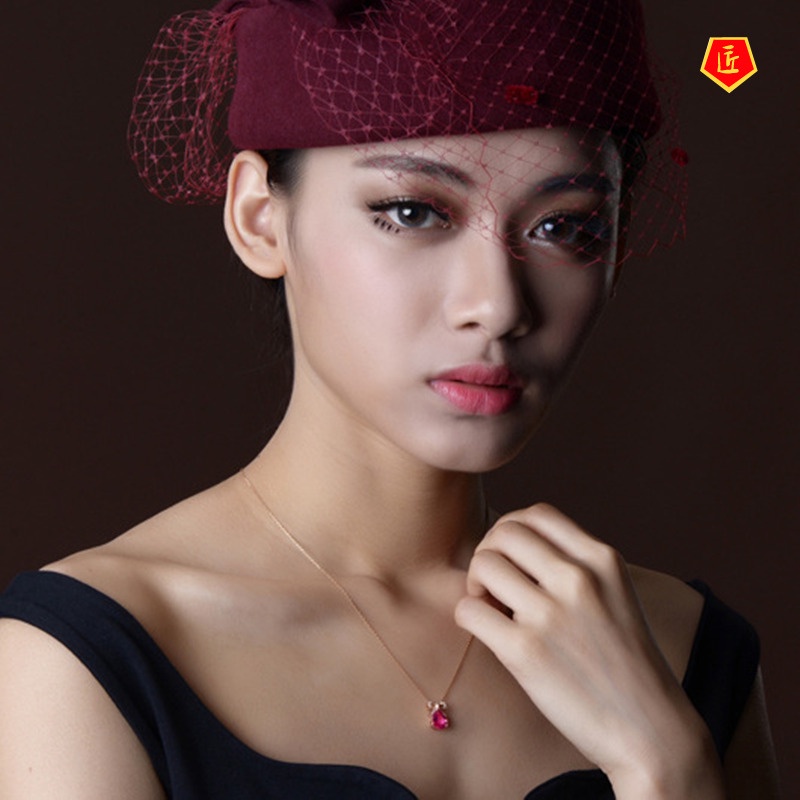 [Ready Stock]Classic Bow Inlaid Ruby Pendant Necklace