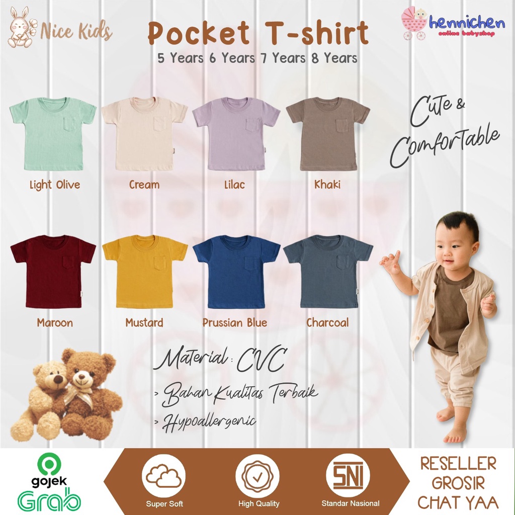 Nice Kids NICEKIDS Pocket Tee Baju anak atasan anak Kaos anak laki anak perempuan 1-4 tahun