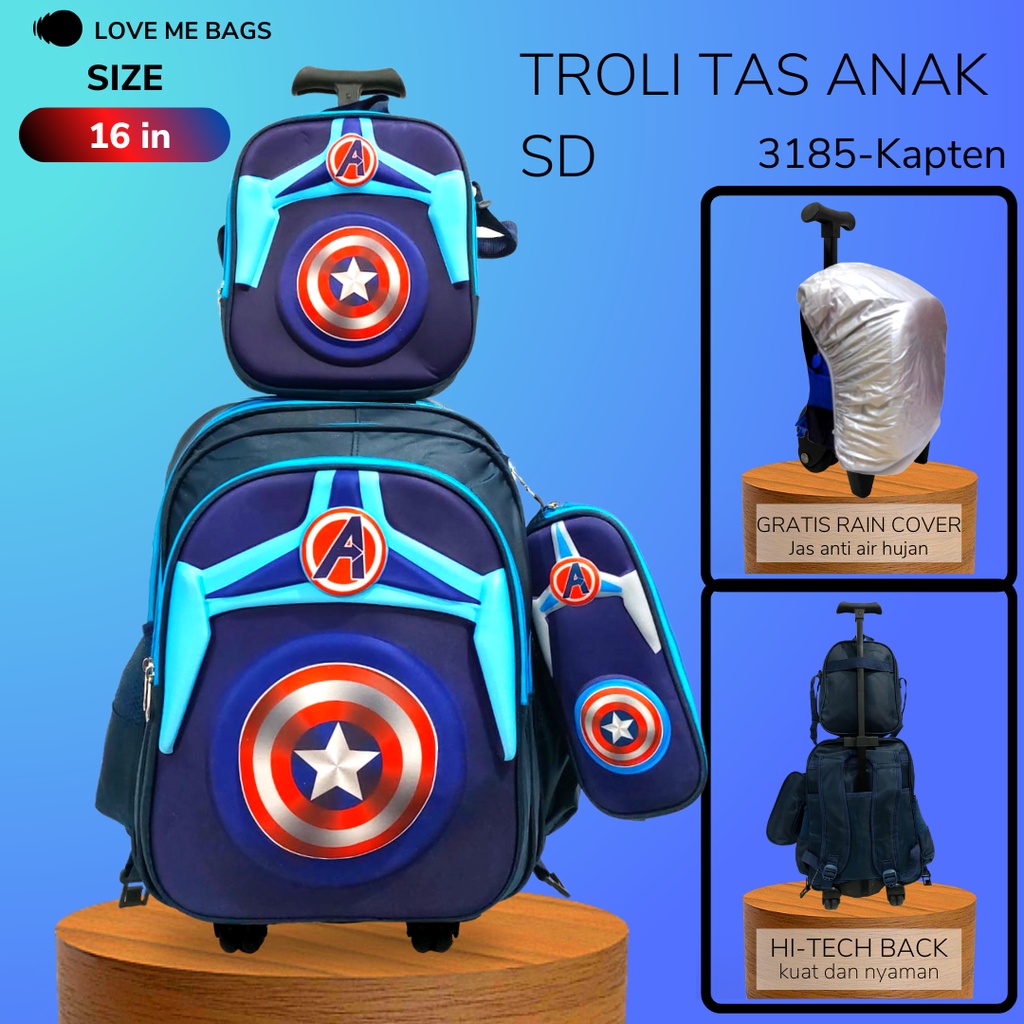 LMB Tas Troli Anak Sekolah Laki Laki SD Import 3in1 Bahan Nilon Premium Bagian Depan Timbul 6D Karakter Superhero Tebal Ukuran Besar