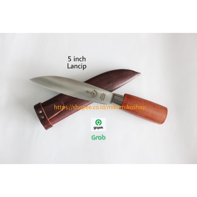 Pisau Cap Garpu ukuran 5 inch Lancip Berikut Sarung Kulit Sapi Asli Tebal Warna Coklat Gelap