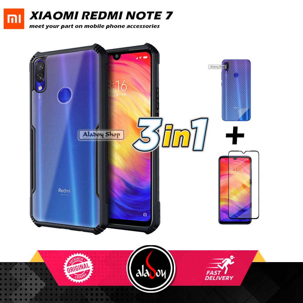 Case XIAOMI REDMI NOTE 7 Armor Fushion Transparent Casing + Tempered Glass Full Layar dan Skin Carbon