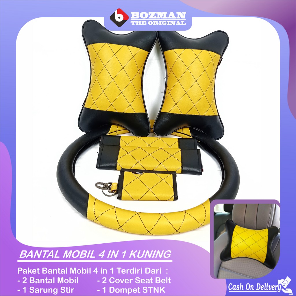 Set Bantal Mobil 4 in 1 Bantal Mobil Seatbelt Sarung Stir Dompet STNK Premium