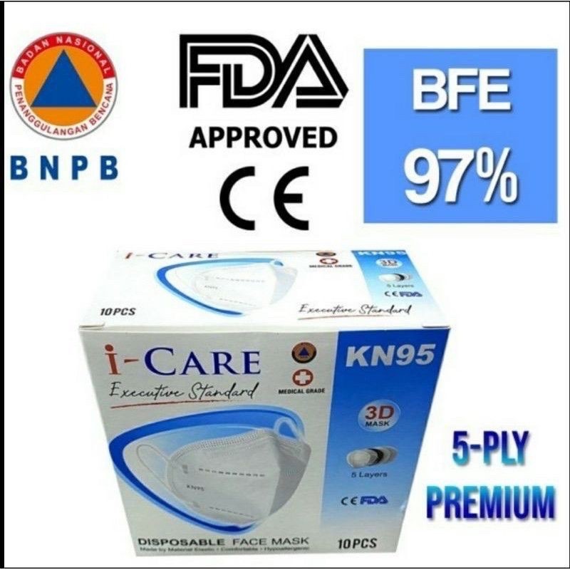 masker kn95 5ply i-care 3d 1box isi 10pc. kemasan  per 1pc diplastik