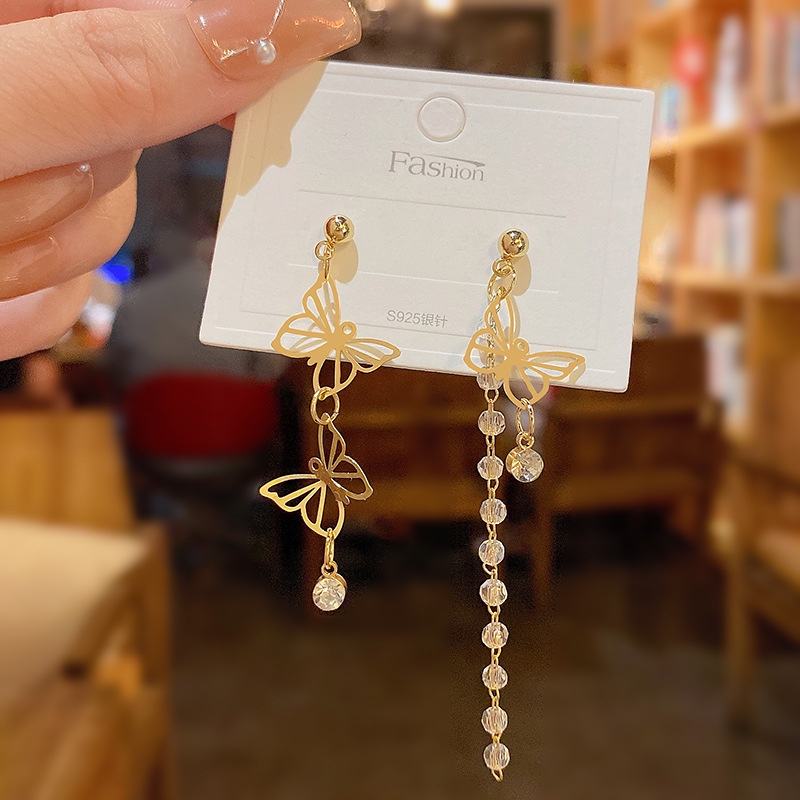 Anting Tusuk Gantung Asimetris Bahan Sterling silver 925 Desain Kupu-Kupu + Zircon Gaya Mewah Untuk Wanita