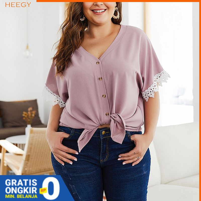 Blouse Jumbo V-Neck Desain Patchwork Renda XL, 2XL, 3XL, 4XL - Atasan Big size Wanita