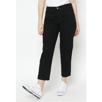 Celana Boyfriend High Waist Mom Jeans Wanita Warna Hitam