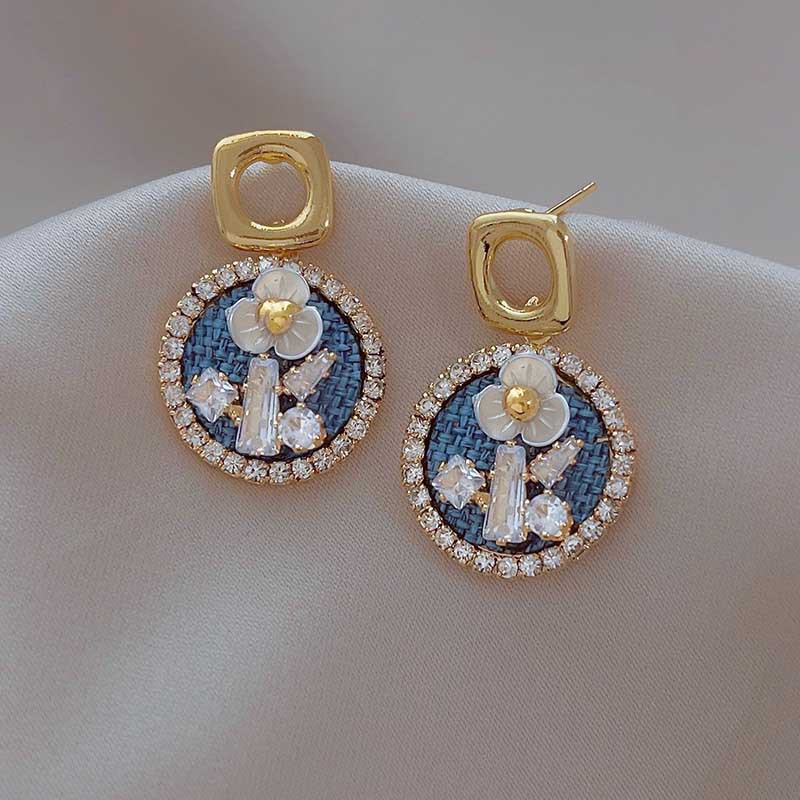 Vintage blue medallion zircon Bunga Anting Aksesoris Telinga Korea Wanita