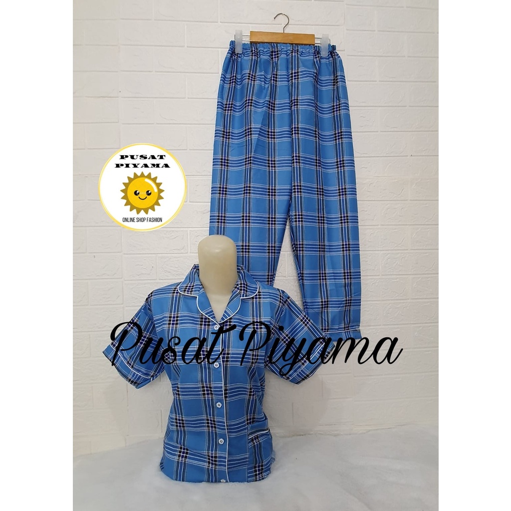 Setelan Lengan Pendek Piyama Baju Tidur Wanita Guilen Kotak Pajamas Cewek Dewasa Kekinian Abg-L OSLIN Pendek Biru