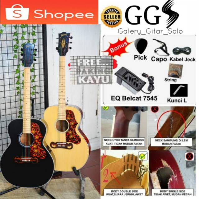 Gitar akustik elektrik gibson j200 neck utuh