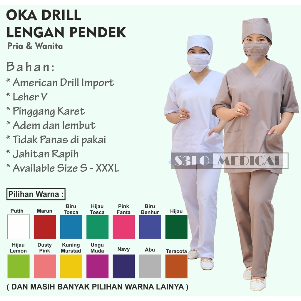 Baju Oka Lengan Pendek / Baju Perawat / Baju Dokter / Baju Jaga / ( 1 stel celana, baju, masker )