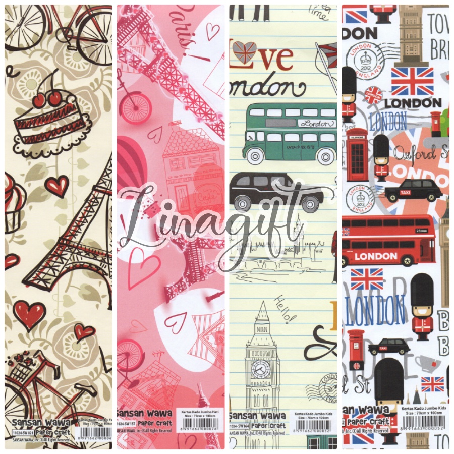 

( 5 Lembar ) JUMBO PARIS - KERTAS KADO SANWA - GIFT WRAP PAPER SANSAN WAWA LONDON LOVE