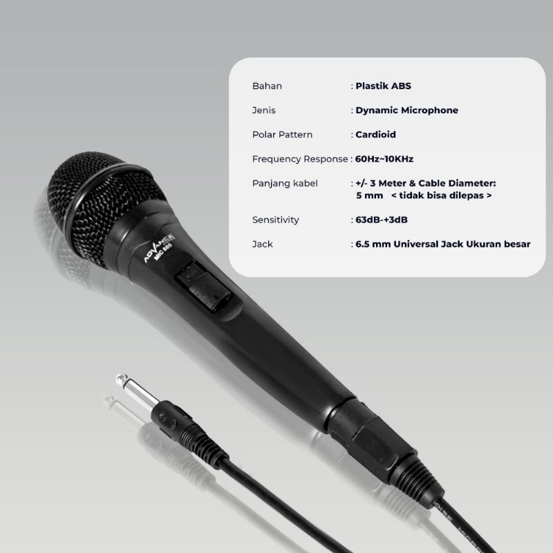 Advance MIC 885 Single Profesional Dynamic Microphone Speaker Mic Kabel Microphone Premium Jack Besar 6.5MM