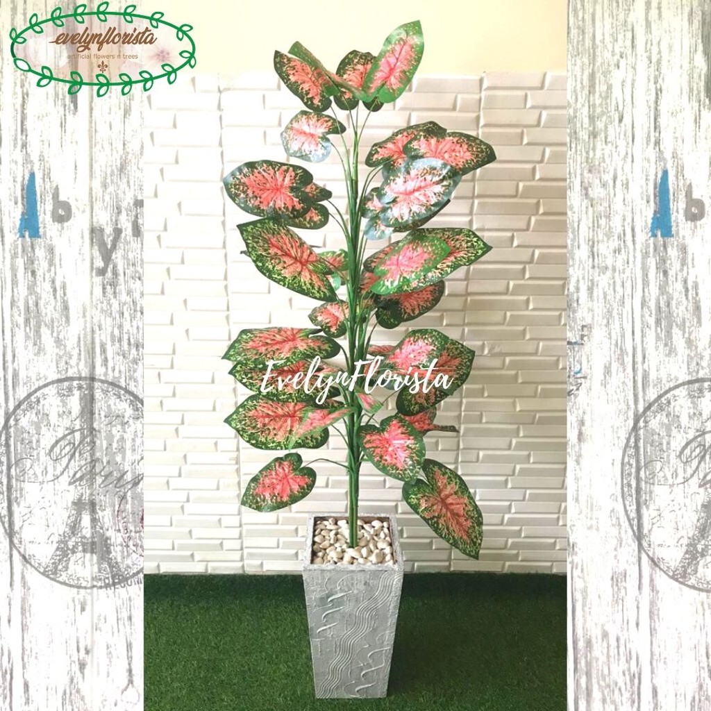 Pohon Daun Sri Rejeki Jumbo Dud Anjamani Merah Artificial Pot Tembaga Kotak Tanaman Hias Plastik