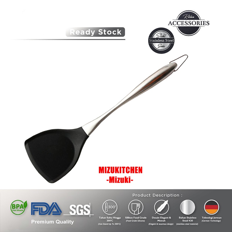 SPATULA TURNER SILIKON Hitam - Handle stainless steel tebal bisa digantung - sutil silicone 2031 BPA FREE