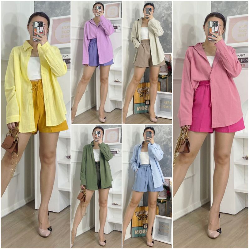 ⚡️CLEARANCE SALE ♡ PREMIUM ♡ ORIGINAL ! JANESSA TWO TONE  2 IN 1 SET LONG SLEEVE COLLAR  BUTTON SHIRT WITH SHORT PANpTS / SETELAN POLOS KEMEJA &amp; CELANA PENDEK ( BUSUI FRIENDLY )