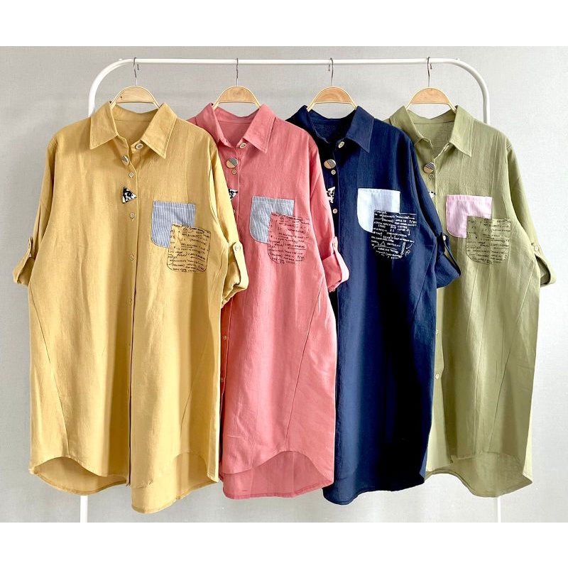 Tunik Kemeja Katun Linen Import Polos Variasi Kancing Keren LuBaNa#6545