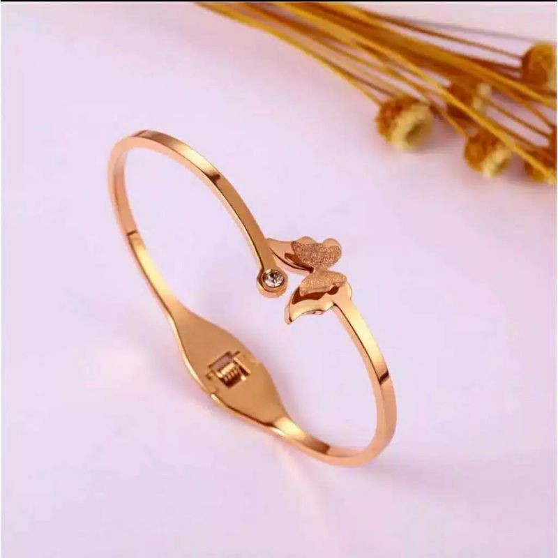 Fourfashion Gelang Bangle Titanium Model Butterfly With Diamond Artificial Tersedia Warna Rose Gold