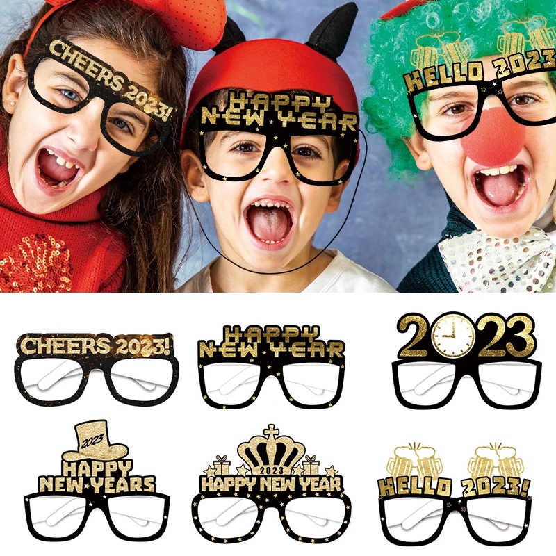 6Pcs/Set Costume Gold Frame Glitter Christmas Glitter Eyeglasses Photo Props 2023 Happy New Year Party Festivals Decoration Decorative Products Cosplay Eyes Glasses Fashion