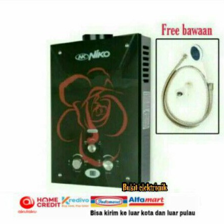 WATER HEATER GAS NIKO NK6LDG GLASS + Slang dan Shower