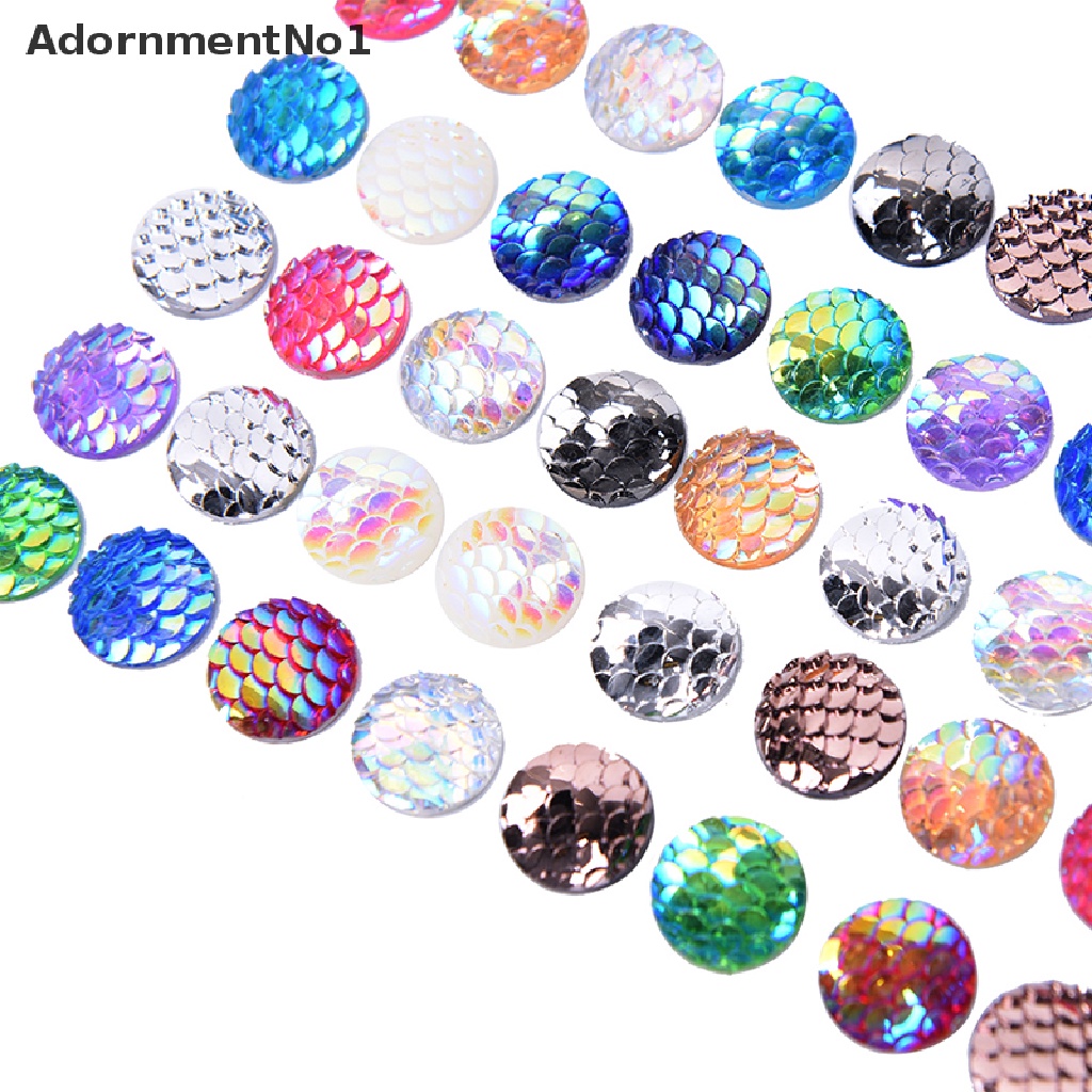 (AdornmentNo1) 50pcs Manik-Manik Cabochon Flat Back Motif Sisik Ikan / Mermaid Ukuran 12mm Untuk Gelang DIY