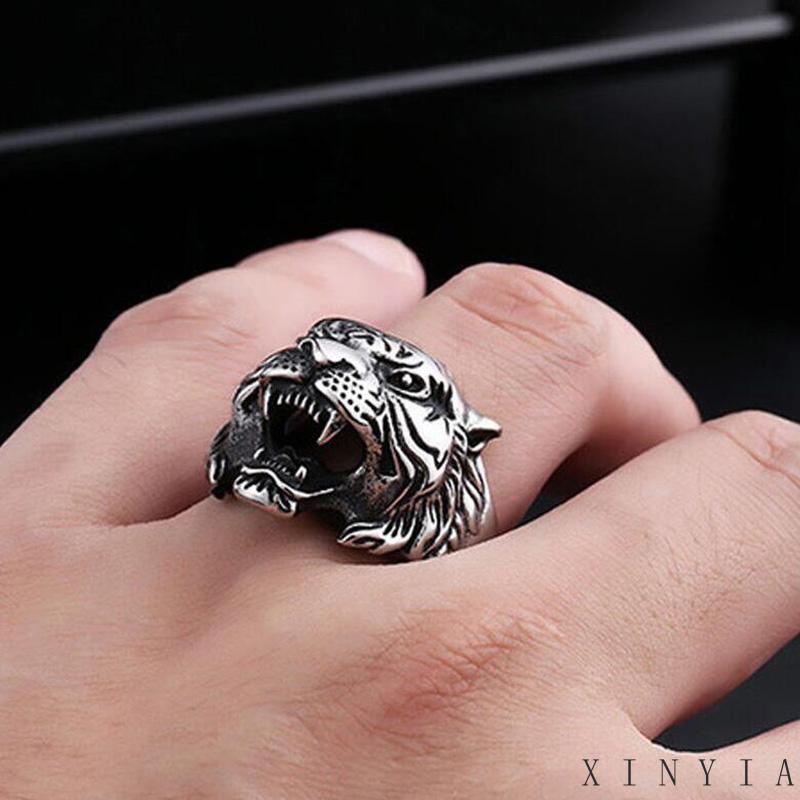 Cincin Desain Kepala Harimau Gaya Retro Untuk Pria