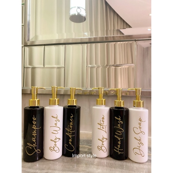 botol HITAM PUTIH 250ml LONG gold chic . aesthetic bottle minimalist refill organizer tempat sabun cair estetik