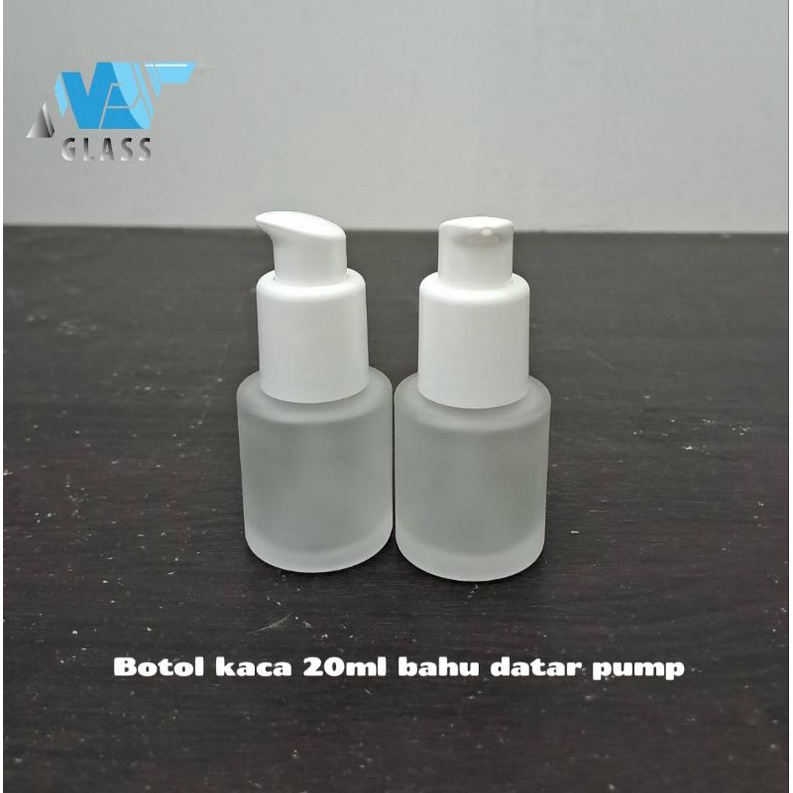 botol kaca 20ml frosted bahu datar tutup pump / botol pump treatment 20ml kaca doff