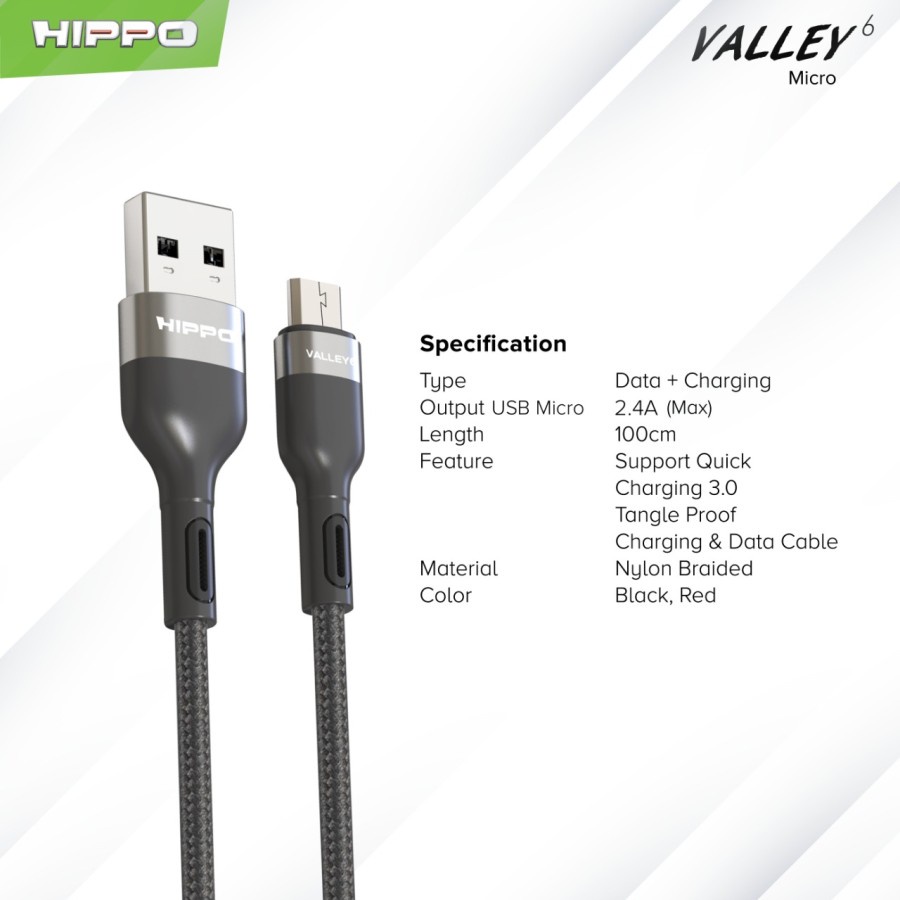 Kabel Micro USB Fast Charging Hippo Valley 6 Kabel Data Micro 100cm