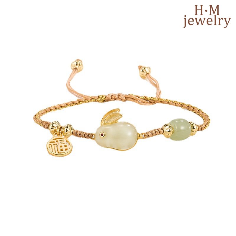 Gelang Tangan Manik-Manik Batu Agate Hetian Jade Bulat Aksen Kelinci Fu Untuk Wanita