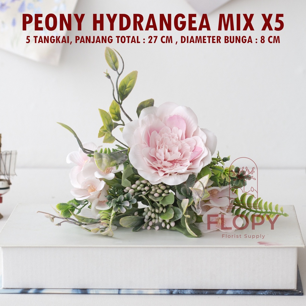 [5 Tangkai] Bunga Peony Hydrangea Mix X5 Artificial / Bunga Plastik Palsu Dekorasi Buket bunga Mahar Nikahan Rustic